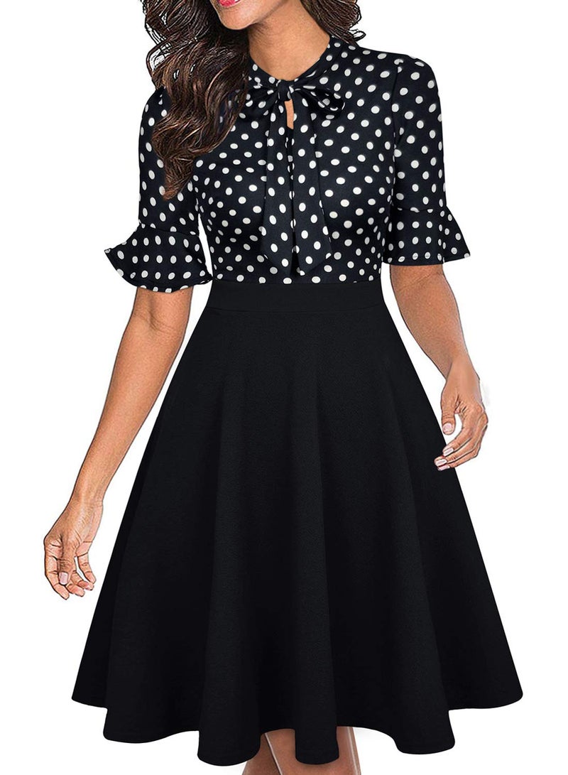 RANPHEE A Line Dresses for Women 2026 Vintage Polka Dot Tea Party Church Business Casual Office Wear to Work Professional Trendy Outfits Curvy Ladies Patchwork Retro Conservative Teacher Interview Frocks S - Image 1